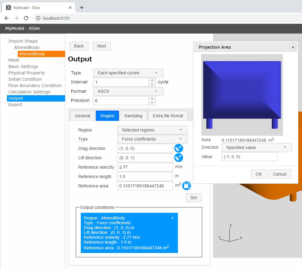 Aerodynamic coefficients output settings