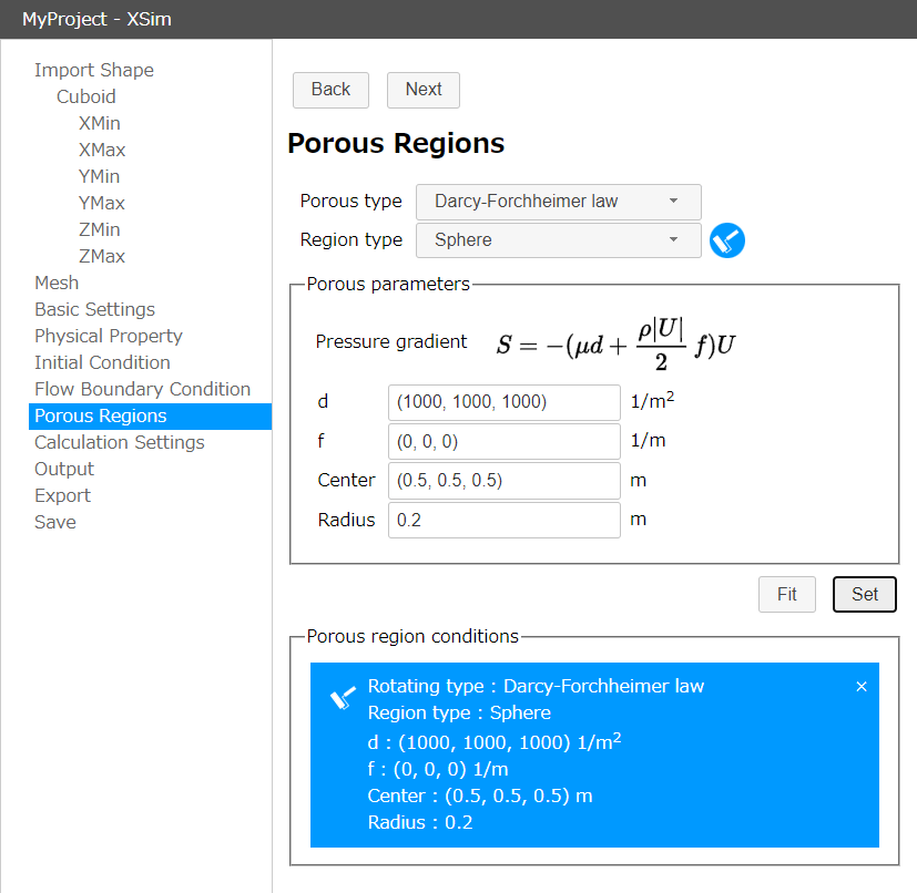 Condition setting in Porous Regions settings